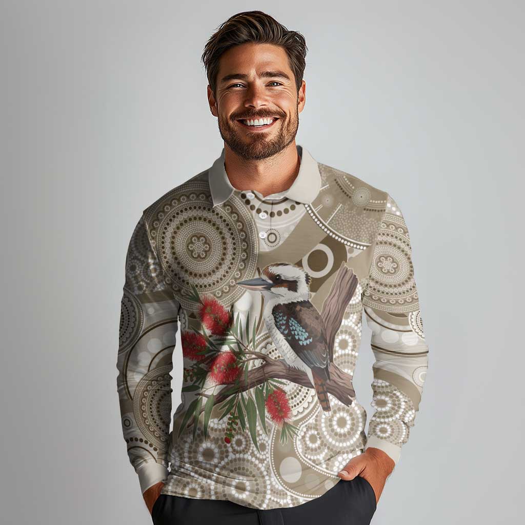 Kookaburra Bottlebrushes Personalised Long Sleeve Polo Shirt Aboriginal Australian Dot Painting - Aussie Hoodie