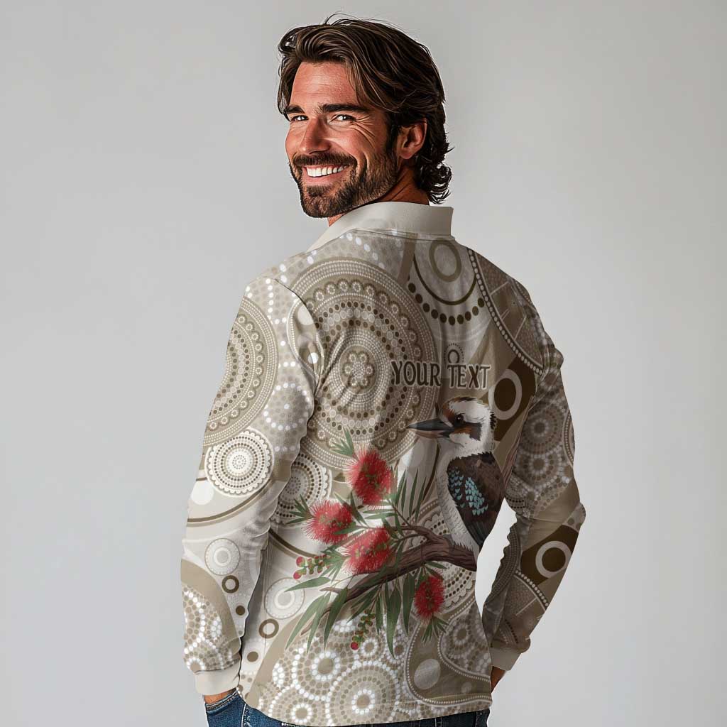 Kookaburra Bottlebrushes Personalised Long Sleeve Polo Shirt Aboriginal Australian Dot Painting - Aussie Hoodie