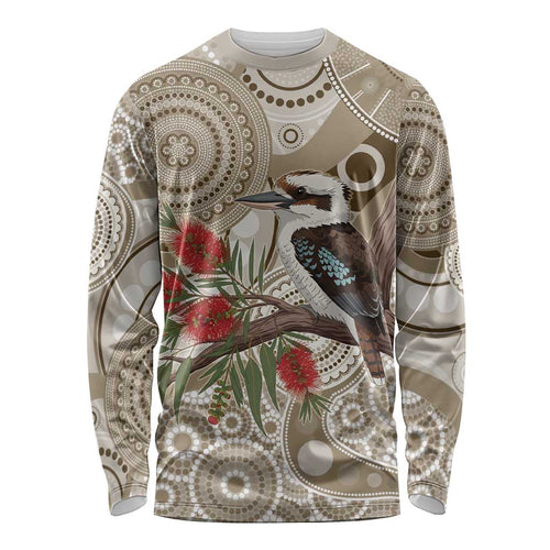 Kookaburra Bottlebrushes Personalised Long Sleeve Shirt Aboriginal Australian Dot Painting - Aussie Hoodie