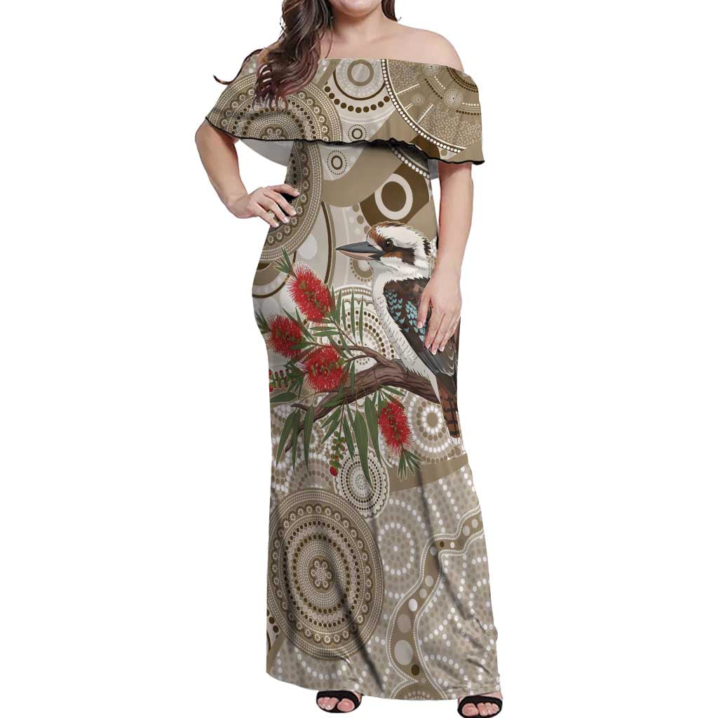 Kookaburra Bottlebrushes Personalised Off Shoulder Maxi Dress Aboriginal Australian Dot Painting - Aussie Hoodie