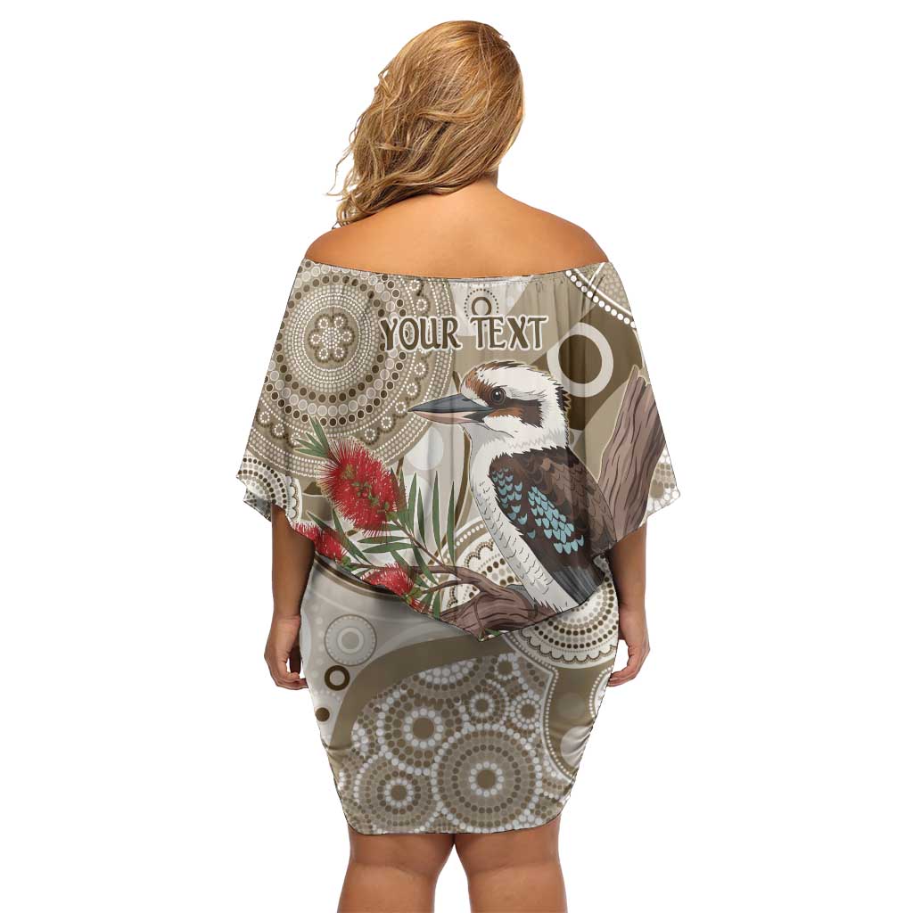 Kookaburra Bottlebrushes Personalised Off Shoulder Short Dress Aboriginal Australian Dot Painting - Aussie Hoodie
