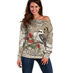 Kookaburra Bottlebrushes Personalised Off Shoulder Sweater Aboriginal Australian Dot Painting - Aussie Hoodie