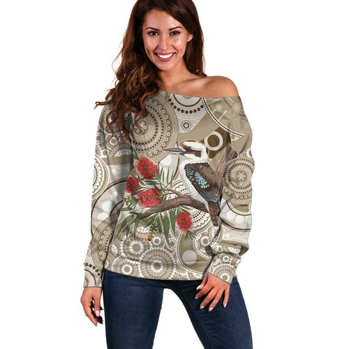 Kookaburra Bottlebrushes Personalised Off Shoulder Sweater Aboriginal Australian Dot Painting - Aussie Hoodie