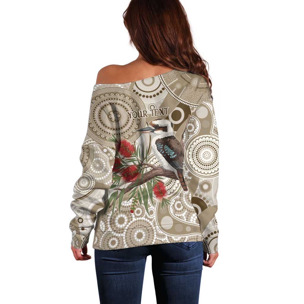 Kookaburra Bottlebrushes Personalised Off Shoulder Sweater Aboriginal Australian Dot Painting - Aussie Hoodie