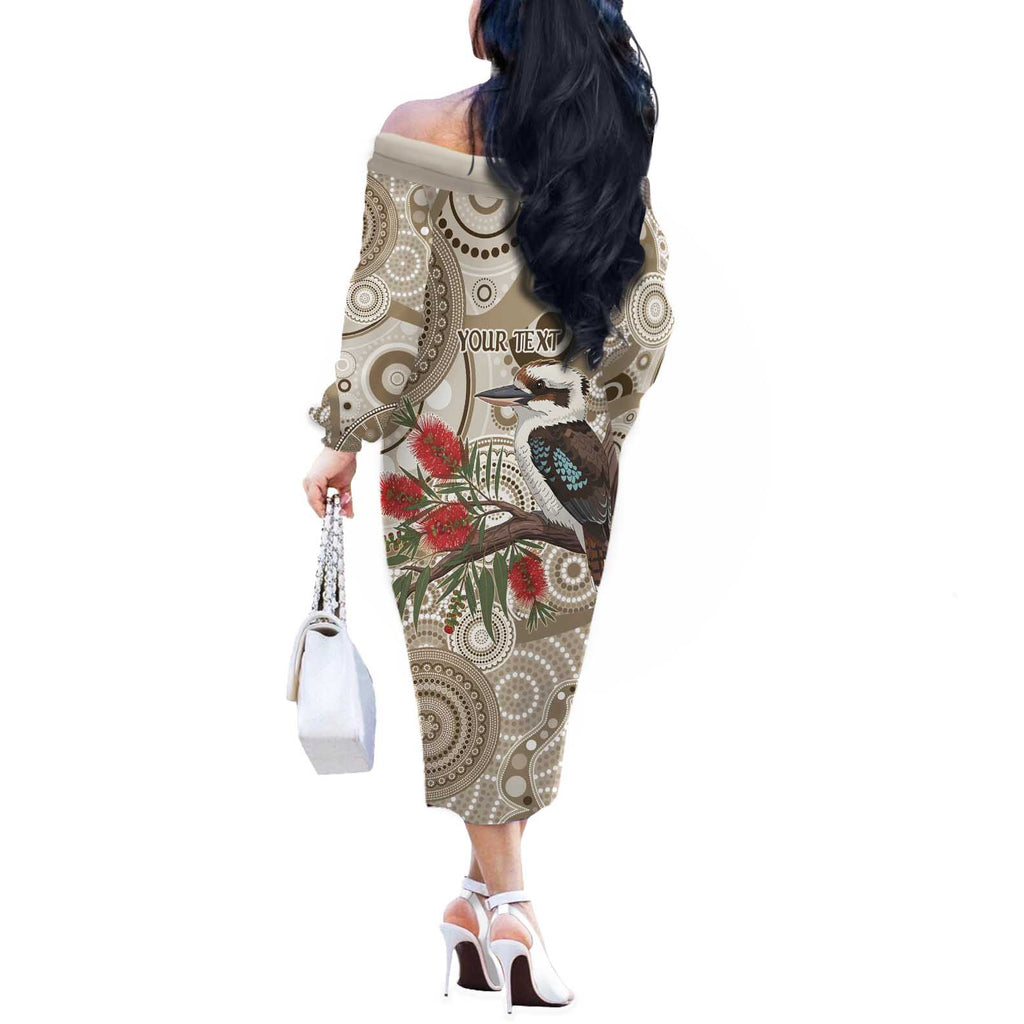 Kookaburra Bottlebrushes Personalised Off The Shoulder Long Sleeve Dress Aboriginal Australian Dot Painting - Aussie Hoodie