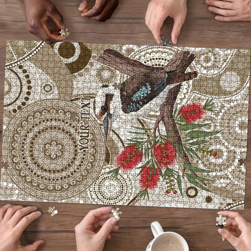 Kookaburra Bottlebrushes Personalised Puzzle Aboriginal Australian Dot Painting - Aussie Hoodie