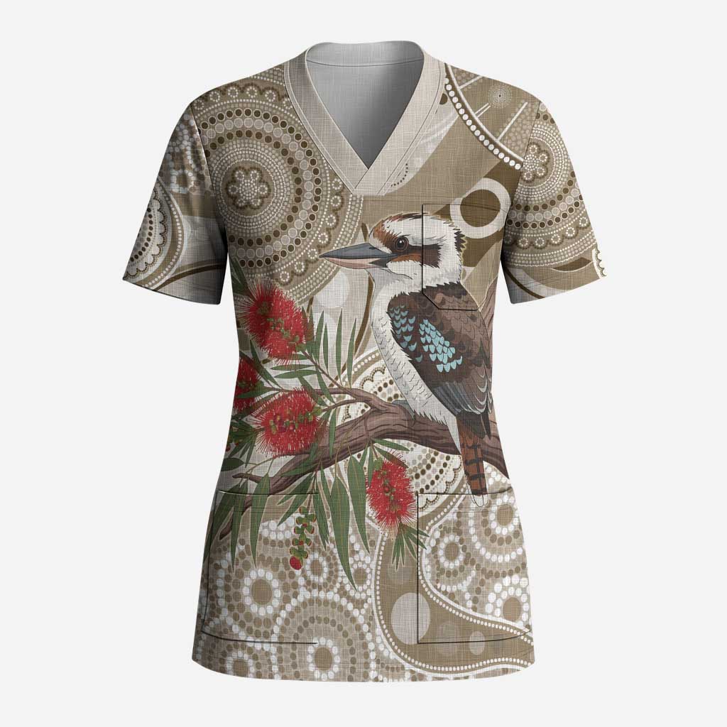 Kookaburra Bottlebrushes Personalised Scrub Top Aboriginal Australian Dot Painting - Aussie Hoodie