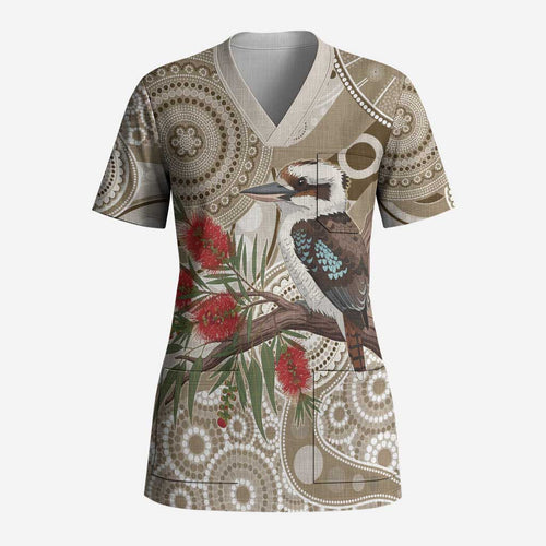 Kookaburra Bottlebrushes Personalised Scrub Top Aboriginal Australian Dot Painting - Aussie Hoodie