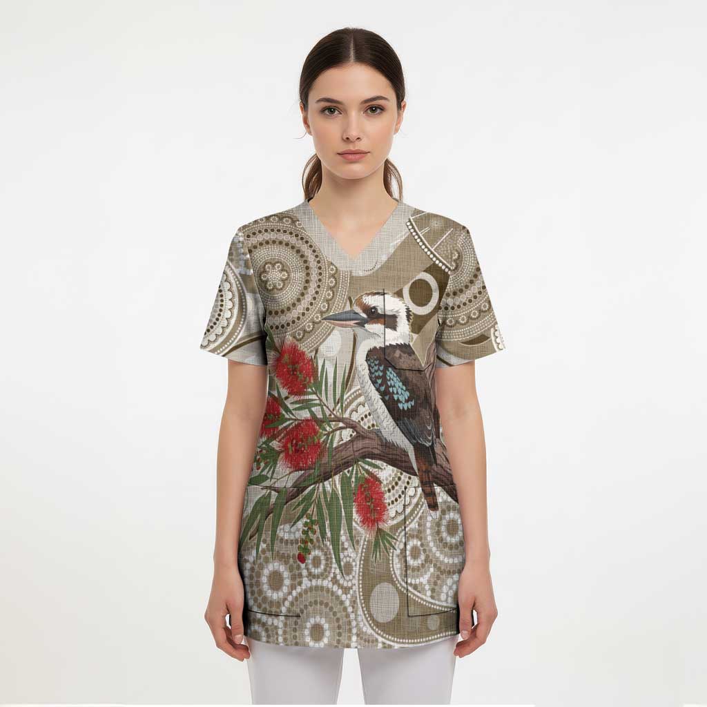 Kookaburra Bottlebrushes Personalised Scrub Top Aboriginal Australian Dot Painting - Aussie Hoodie