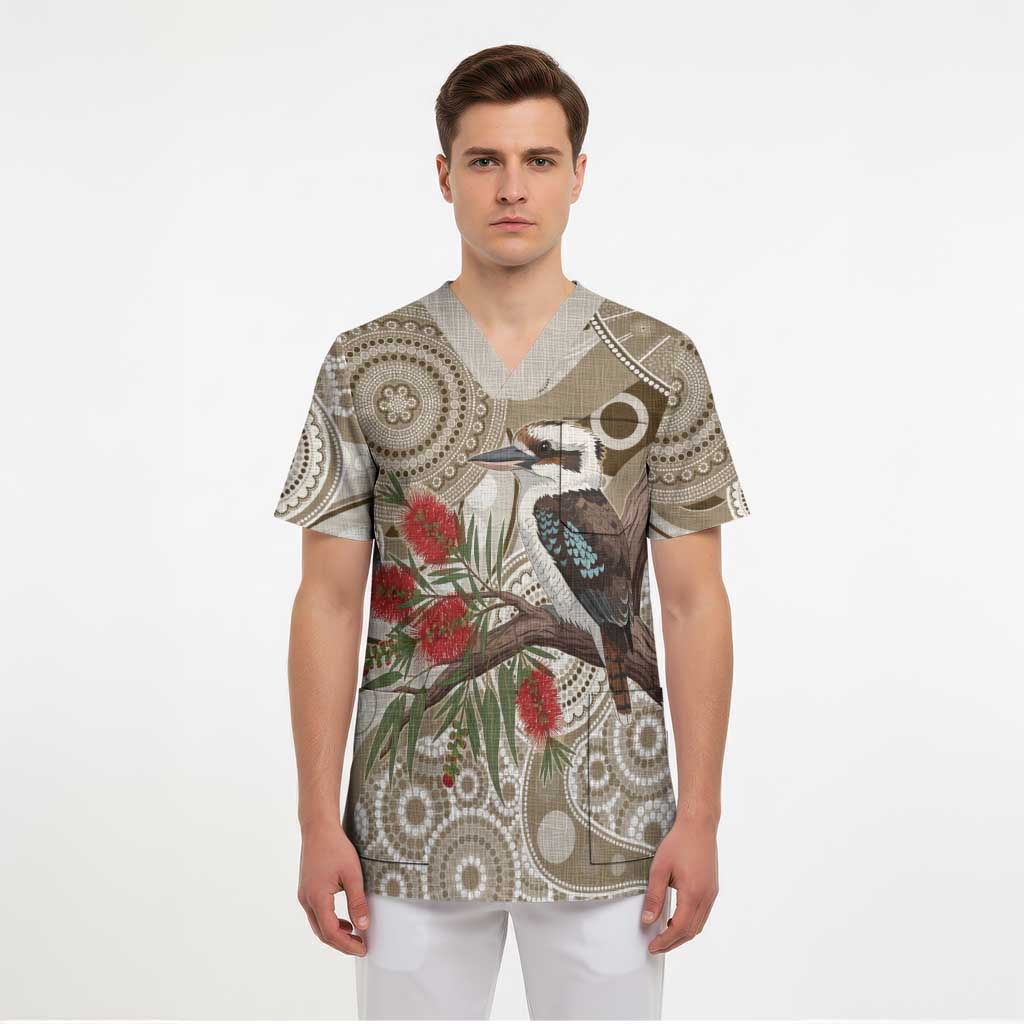 Kookaburra Bottlebrushes Personalised Scrub Top Aboriginal Australian Dot Painting - Aussie Hoodie