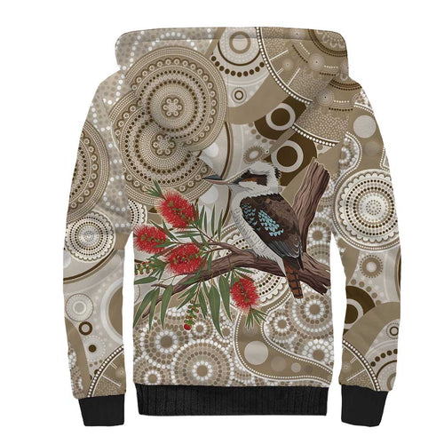 Kookaburra Bottlebrushes Personalised Sherpa Hoodie Aboriginal Australian Dot Painting - Aussie Hoodie