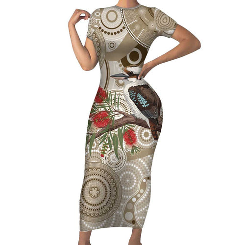 Kookaburra Bottlebrushes Personalised Short Sleeve Bodycon Dress Aboriginal Australian Dot Painting - Aussie Hoodie