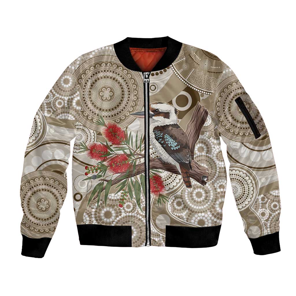 Kookaburra Bottlebrushes Personalised Sleeve Zip Bomber Jacket Aboriginal Australian Dot Painting - Aussie Hoodie
