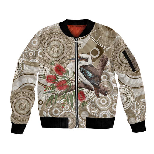 Kookaburra Bottlebrushes Personalised Sleeve Zip Bomber Jacket Aboriginal Australian Dot Painting - Aussie Hoodie