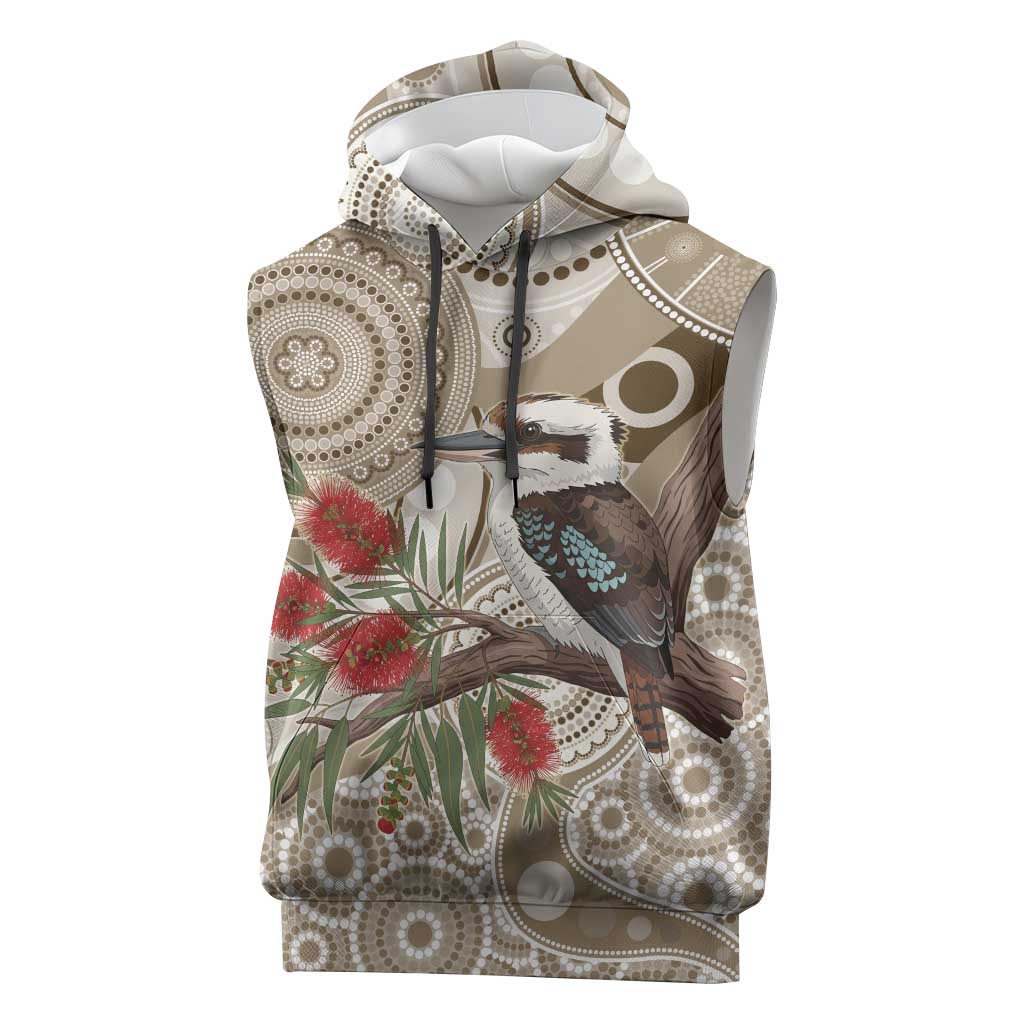 Kookaburra Bottlebrushes Personalised Sleeveless Hoodie Aboriginal Australian Dot Painting - Aussie Hoodie
