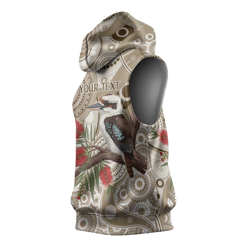 Kookaburra Bottlebrushes Personalised Sleeveless Hoodie Aboriginal Australian Dot Painting - Aussie Hoodie