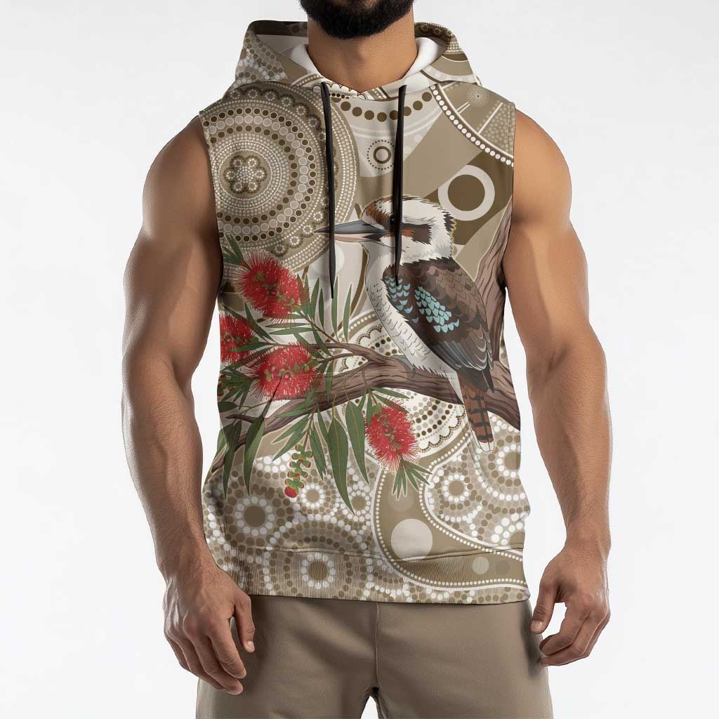 Kookaburra Bottlebrushes Personalised Sleeveless Hoodie Aboriginal Australian Dot Painting - Aussie Hoodie