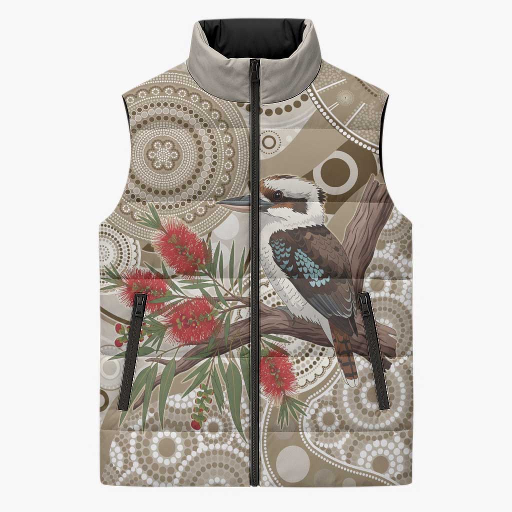 Kookaburra Bottlebrushes Personalised Sleeveless Puffer Jacket Aboriginal Australian Dot Painting - Aussie Hoodie