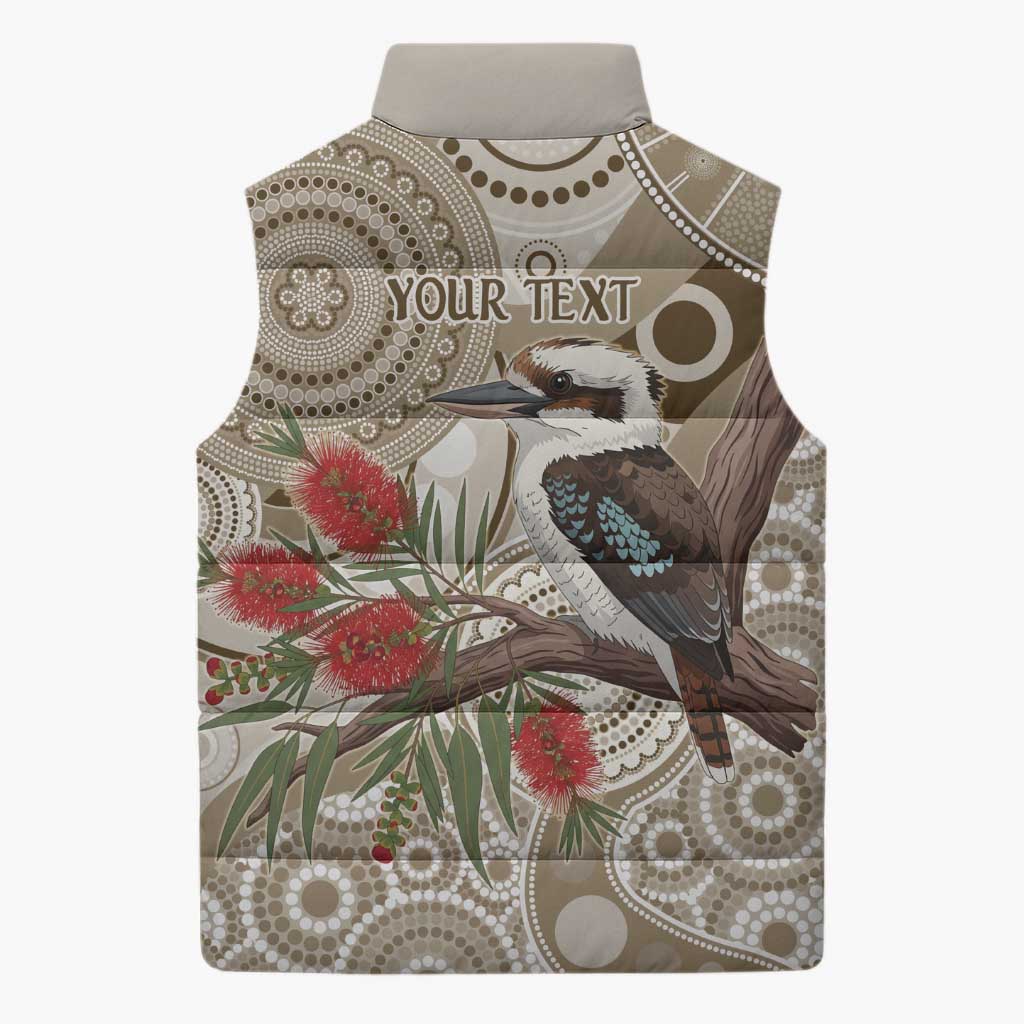 Kookaburra Bottlebrushes Personalised Sleeveless Puffer Jacket Aboriginal Australian Dot Painting - Aussie Hoodie