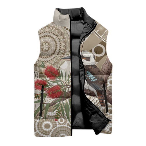 Kookaburra Bottlebrushes Personalised Sleeveless Puffer Jacket Aboriginal Australian Dot Painting - Aussie Hoodie