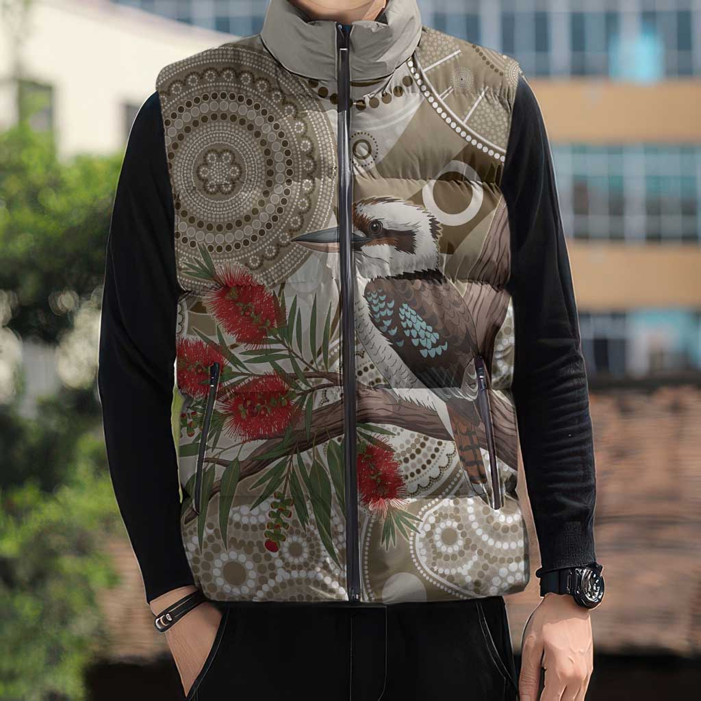 Kookaburra Bottlebrushes Personalised Sleeveless Puffer Jacket Aboriginal Australian Dot Painting - Aussie Hoodie
