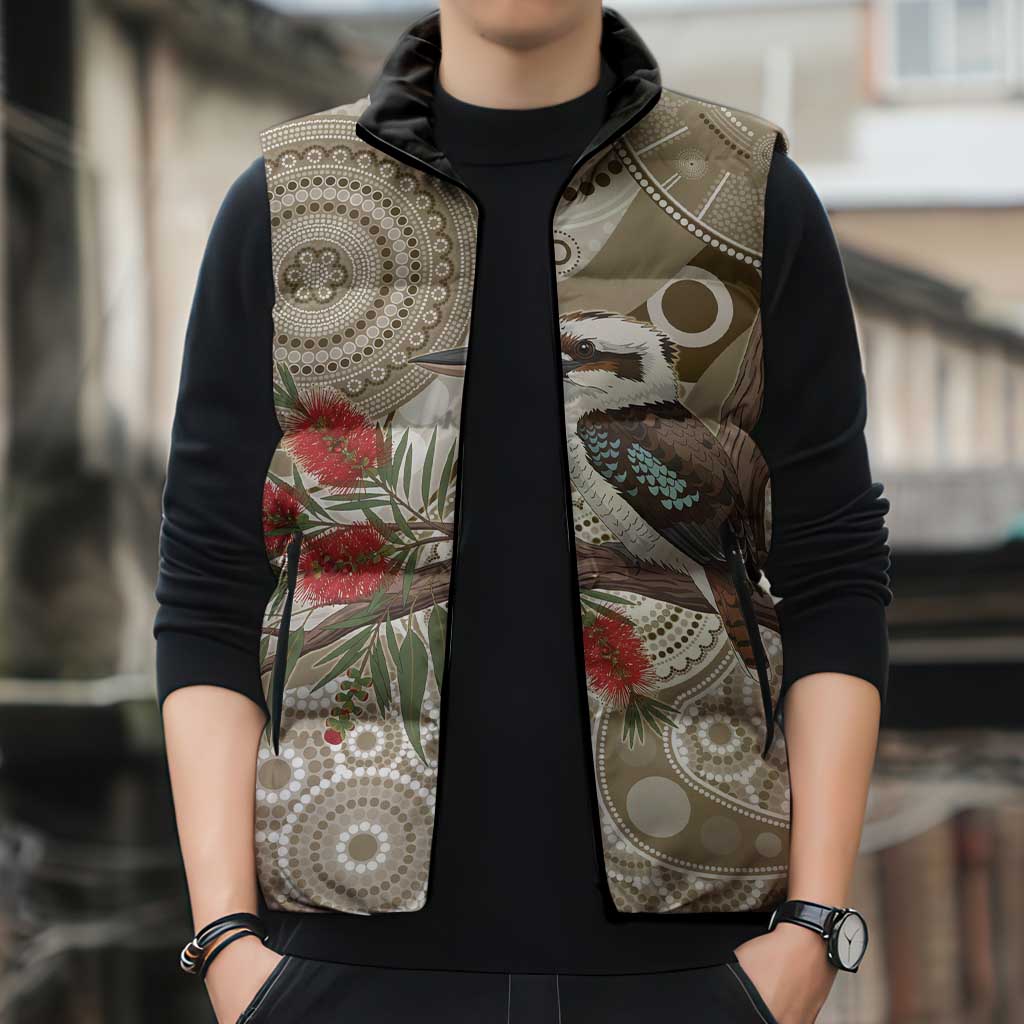 Kookaburra Bottlebrushes Personalised Sleeveless Puffer Jacket Aboriginal Australian Dot Painting - Aussie Hoodie