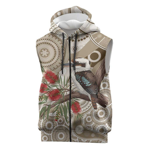 Kookaburra Bottlebrushes Personalised Sleeveless Zip Hoodie Aboriginal Australian Dot Painting LT9