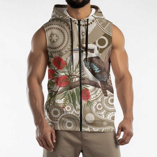 Kookaburra Bottlebrushes Personalised Sleeveless Zip Hoodie Aboriginal Australian Dot Painting LT9