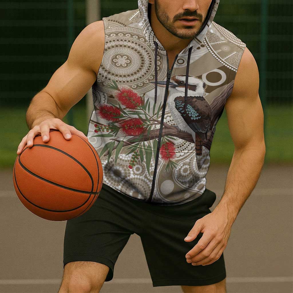 Kookaburra Bottlebrushes Personalised Sleeveless Zip Hoodie Aboriginal Australian Dot Painting LT9