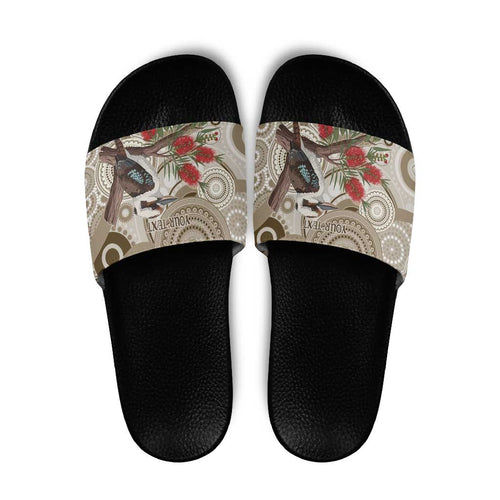 Kookaburra Bottlebrushes Personalised Slide Sandals Aboriginal Australian Dot Painting - Aussie Hoodie