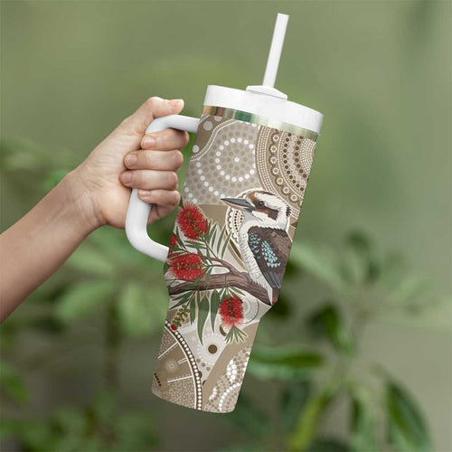 Kookaburra Bottlebrushes Personalised Tumbler With Handle Aboriginal Australian Dot Painting - Aussie Hoodie