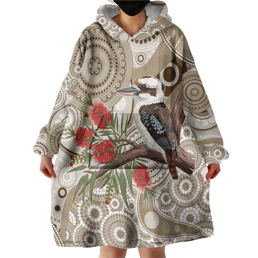 Kookaburra Bottlebrushes Personalised Wearable Blanket Hoodie Aboriginal Australian Dot Painting - Aussie Hoodie