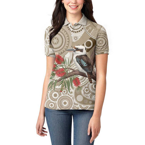 Kookaburra Bottlebrushes Personalised Women Polo Shirt Aboriginal Australian Dot Painting - Aussie Hoodie