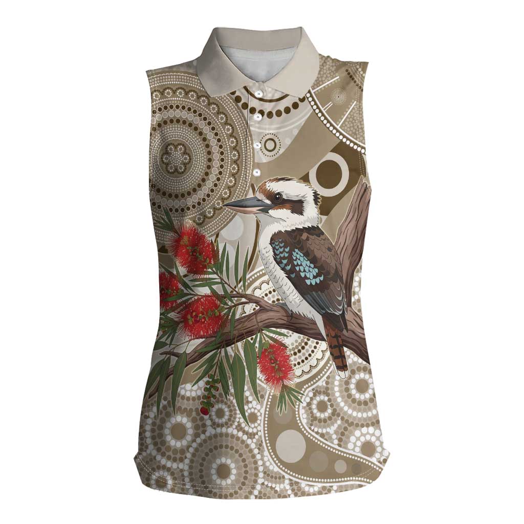 Kookaburra Bottlebrushes Personalised Women Sleeveless Polo Shirt Aboriginal Australian Dot Painting - Aussie Hoodie