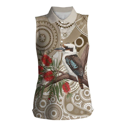 Kookaburra Bottlebrushes Personalised Women Sleeveless Polo Shirt Aboriginal Australian Dot Painting - Aussie Hoodie