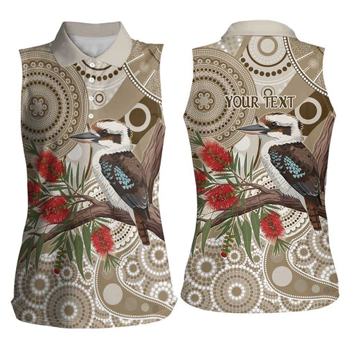 Kookaburra Bottlebrushes Personalised Women Sleeveless Polo Shirt Aboriginal Australian Dot Painting - Aussie Hoodie