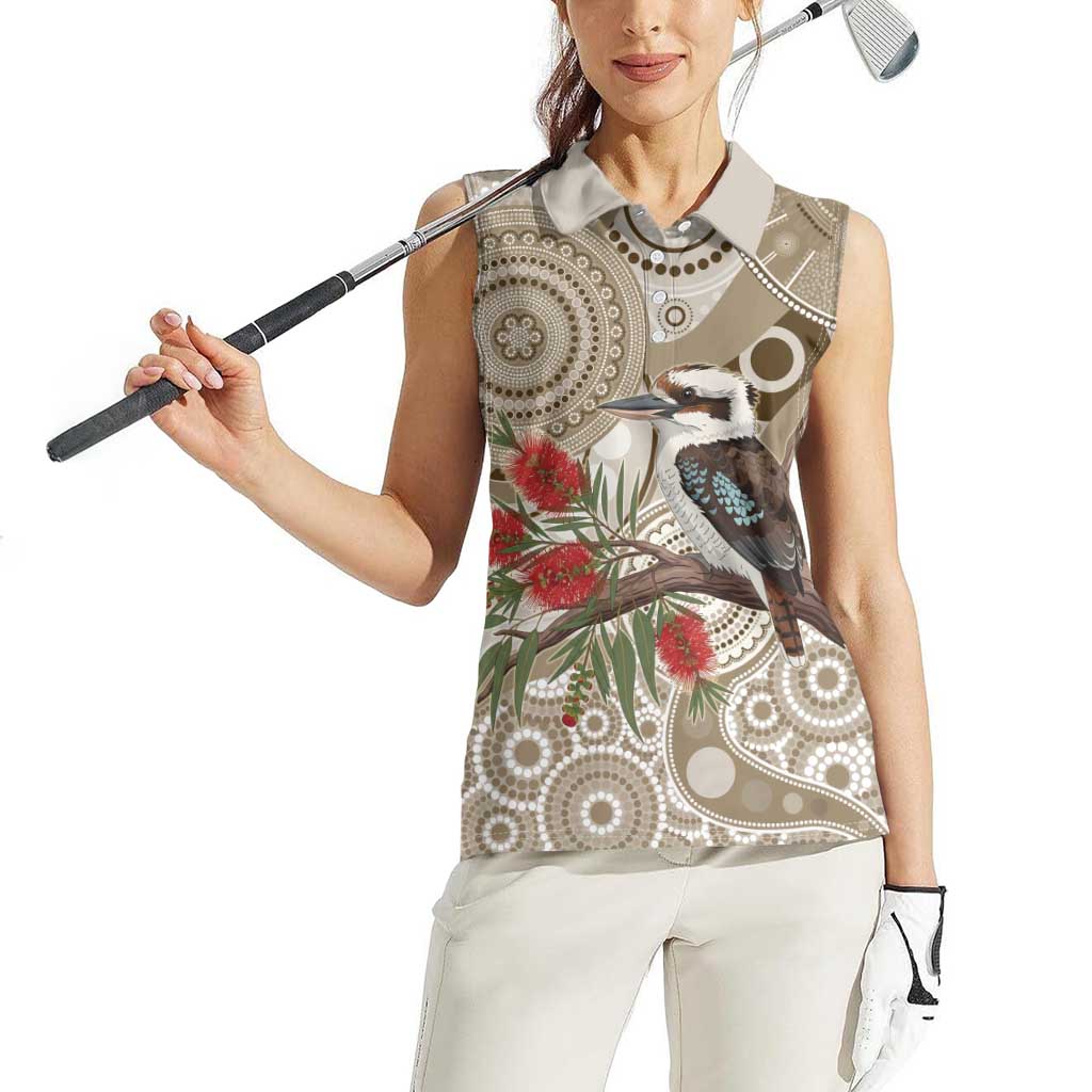 Kookaburra Bottlebrushes Personalised Women Sleeveless Polo Shirt Aboriginal Australian Dot Painting - Aussie Hoodie