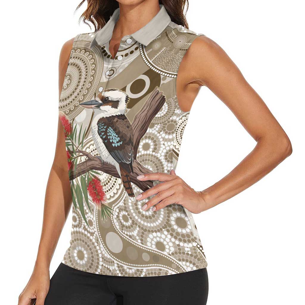 Kookaburra Bottlebrushes Personalised Women Sleeveless Polo Shirt Aboriginal Australian Dot Painting - Aussie Hoodie