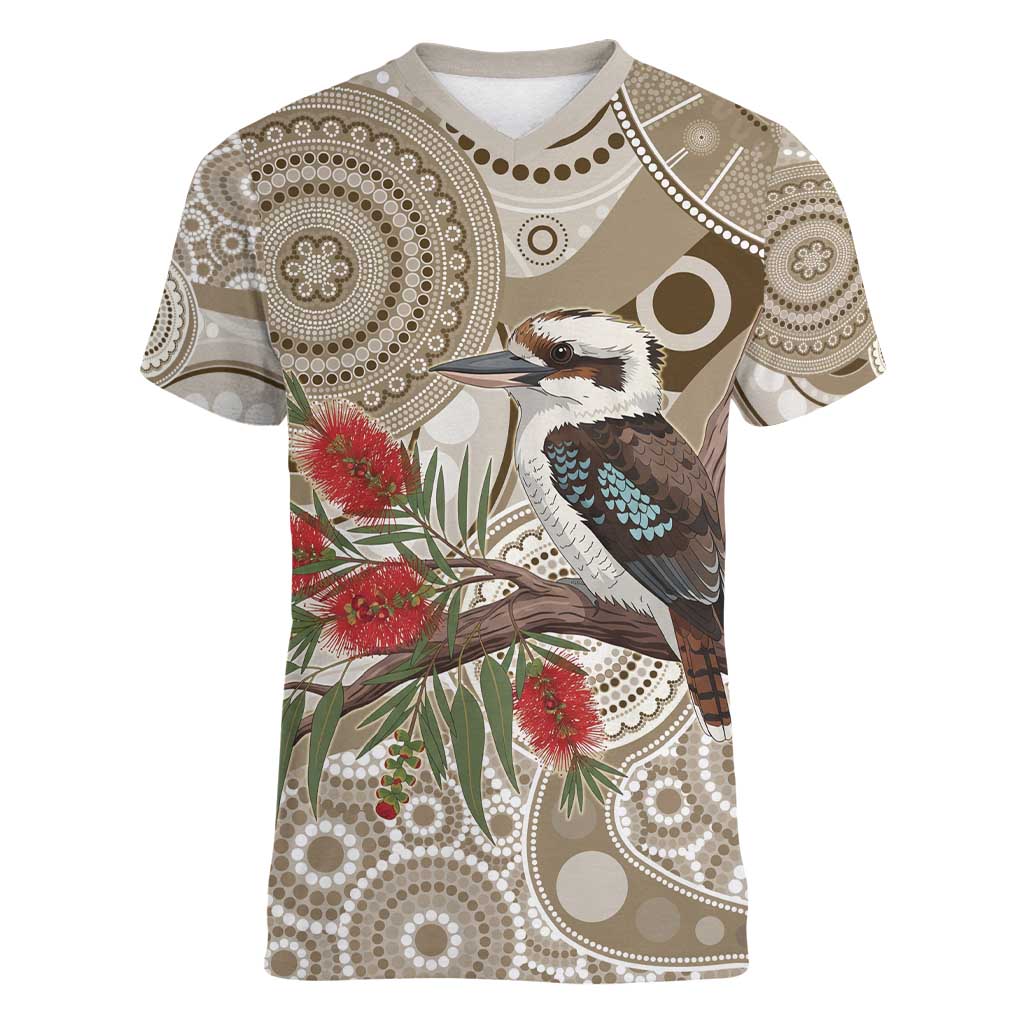 Kookaburra Bottlebrushes Personalised Women V-Neck T-Shirt Aboriginal Australian Dot Painting - Aussie Hoodie