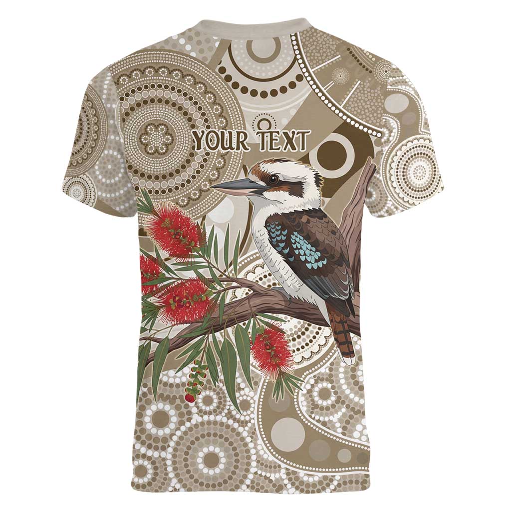 Kookaburra Bottlebrushes Personalised Women V-Neck T-Shirt Aboriginal Australian Dot Painting - Aussie Hoodie