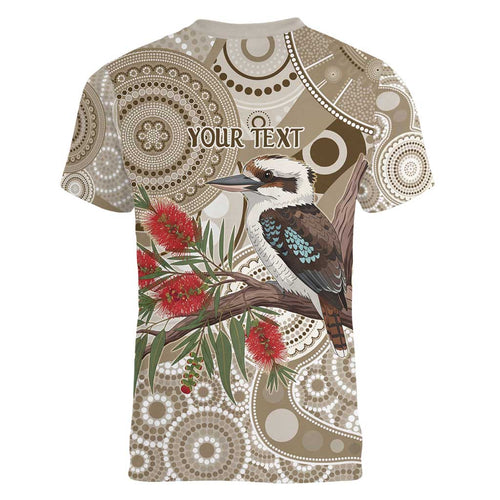 Kookaburra Bottlebrushes Personalised Women V-Neck T-Shirt Aboriginal Australian Dot Painting - Aussie Hoodie