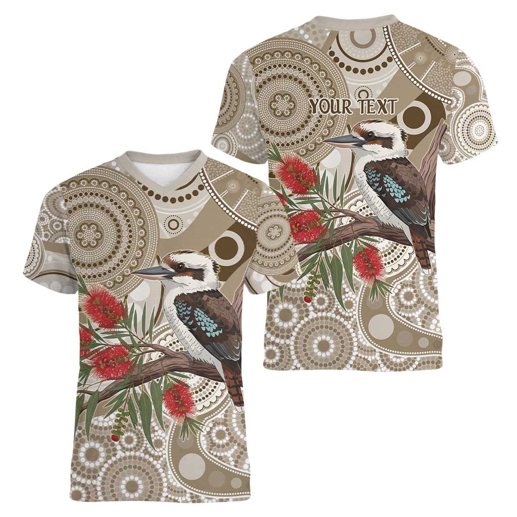 Kookaburra Bottlebrushes Personalised Women V-Neck T-Shirt Aboriginal Australian Dot Painting - Aussie Hoodie