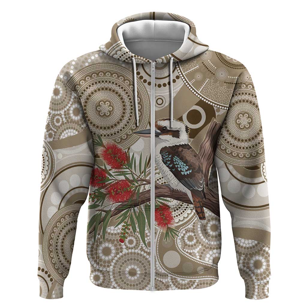 Kookaburra Bottlebrushes Personalised Zip Hoodie Aboriginal Australian Dot Painting - Aussie Hoodie