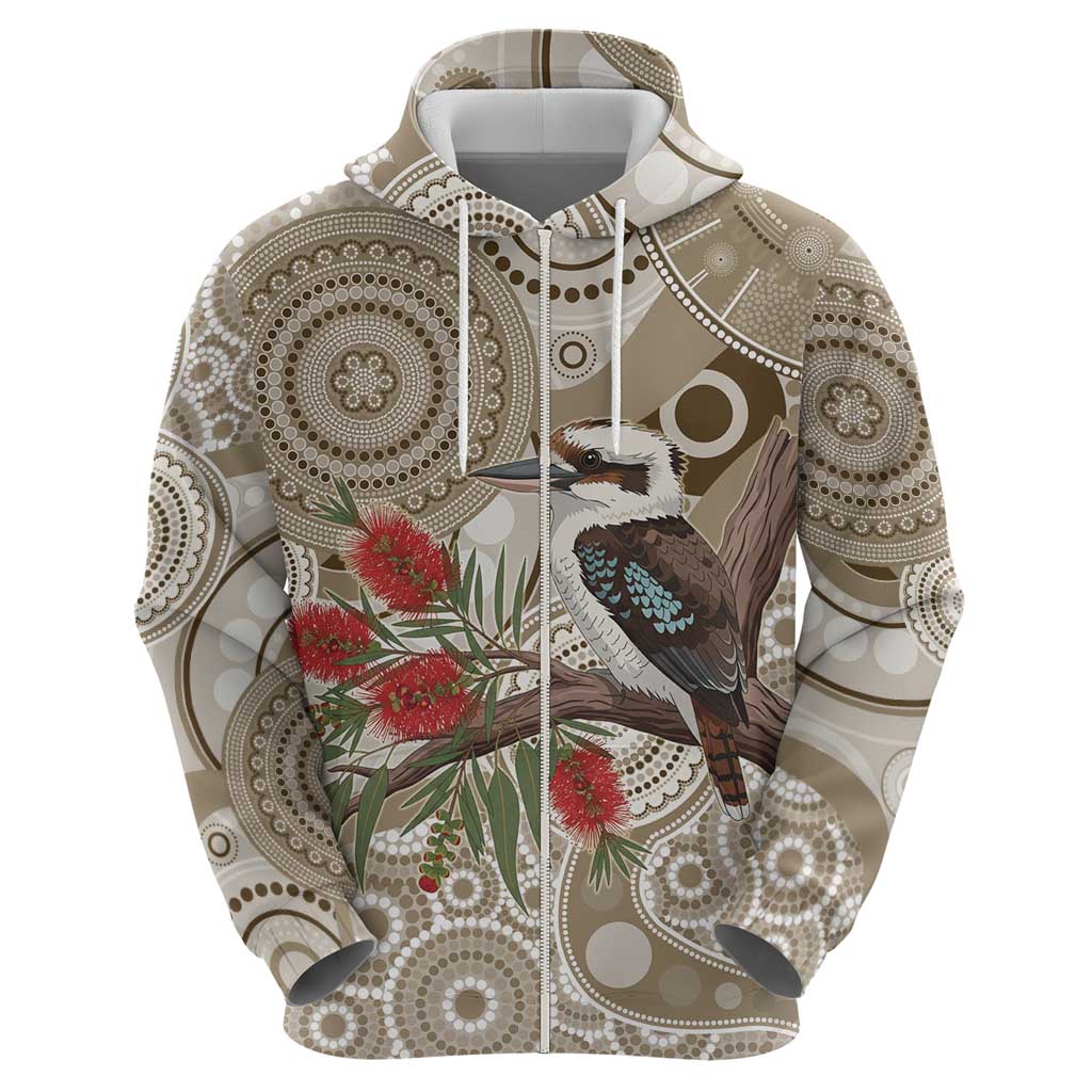 Kookaburra Bottlebrushes Personalised Zip Hoodie Aboriginal Australian Dot Painting - Aussie Hoodie
