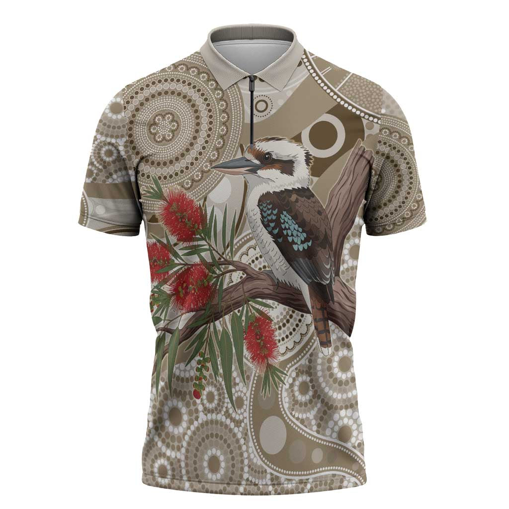 Kookaburra Bottlebrushes Personalised Zipper Polo Shirt Aboriginal Australian Dot Painting - Aussie Hoodie