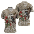 Kookaburra Bottlebrushes Personalised Zipper Polo Shirt Aboriginal Australian Dot Painting - Aussie Hoodie