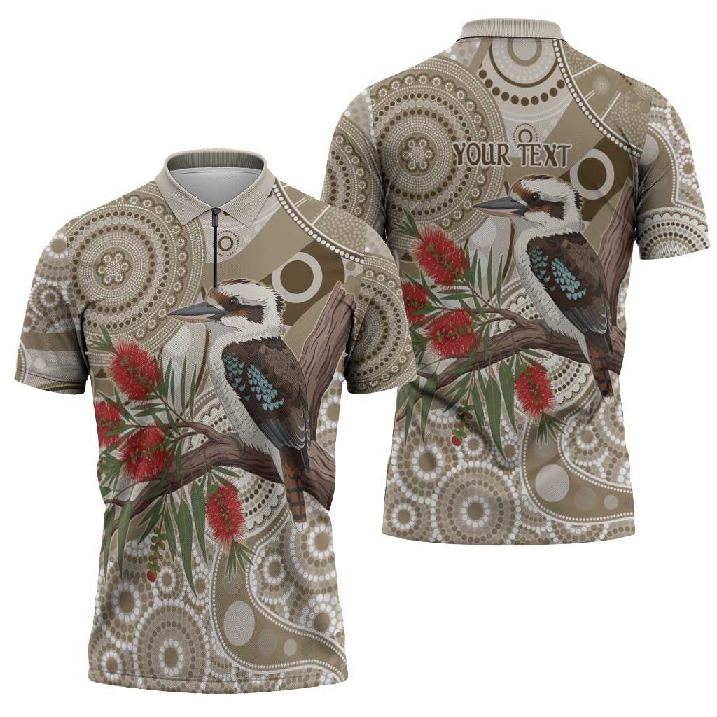 Kookaburra Bottlebrushes Personalised Zipper Polo Shirt Aboriginal Australian Dot Painting - Aussie Hoodie