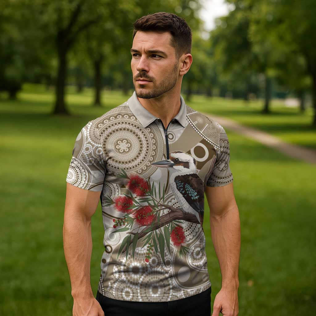 Kookaburra Bottlebrushes Personalised Zipper Polo Shirt Aboriginal Australian Dot Painting - Aussie Hoodie