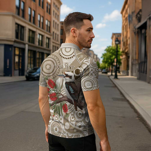 Kookaburra Bottlebrushes Personalised Zipper Polo Shirt Aboriginal Australian Dot Painting - Aussie Hoodie