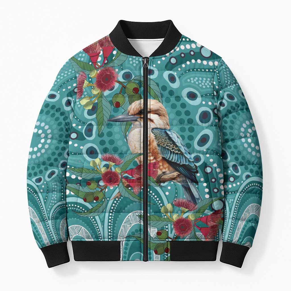 Kookaburra Eucalyptus Personalised Bomber Puffer Jacket Aboriginal Australian Dot Painting - Aussie Hoodie